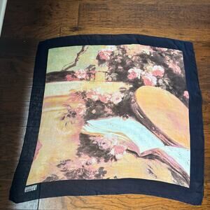 Vintage Gianfranco Ferre Silk Scarf Square Floral Impressionist Garden Navy